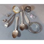 A Victorian silver sugar sifter spoon together with a silver bangle and various small items of