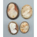 A 9ct gold framed cameo brooch relief carved with a bust, together with three other cameo brooches