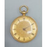 A yellow gold cased fob watch with engraved and enamel decoration, marks rubbed, 32.4gms all in