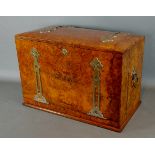 A Victorian burr walnut and brass bound stationary box with fold out writing slope, 41cms wide,