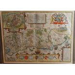 An early coloured map of Sussex and Chichester by John Norden and John Speede, 39cms x 50cms