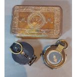 A Queen Mary Christmas tin together with a first world war brass compass by S. Mordan and Co. and