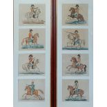 A group of eight coloured engravings depicting military figures upon horse back together with a