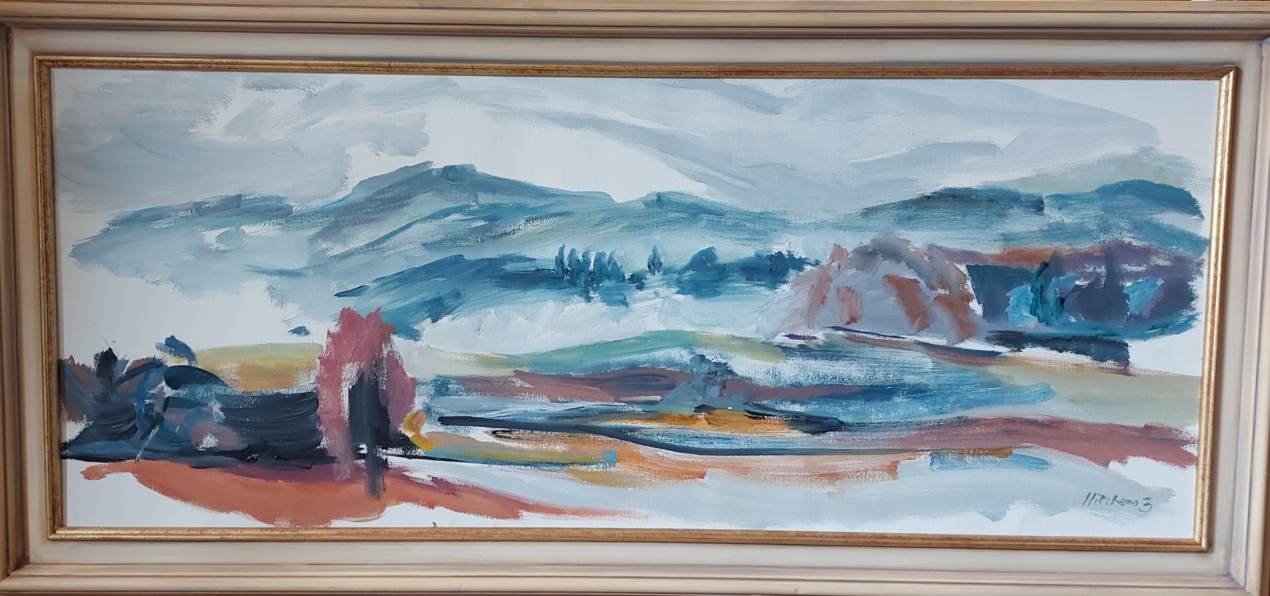 John Hitchens, Afternoon Haze, oil on canvas, signed, label verso dated 1960, 43cms x 108cms, Artist - Image 2 of 3