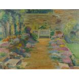 Indistinctly signed, study of a garden with bench, oil on board, 30cms x 39cms