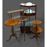 A group of three mahogany wine tables together with a 19th Century mahogany washstand, a hanging