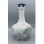 A Chinese porcelain bottle neck vase decorated with a figure in a boat and Chinese script, six