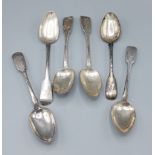 A pair of William IV Irish silver table spoons, Dublin 1828 together with four other silver table