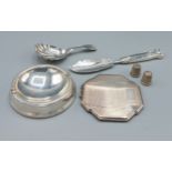 A 925 silver compact together with a Birmingham silver bowl, a Chester silver caddy spoon, a