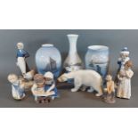 A Royal Copenhagen porcelain vase together with two vases, six Royal Copenhagen figures and a