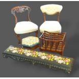 Two Victorian walnut low seat nursing chairs together with a long footstool, a hexagonal footstool