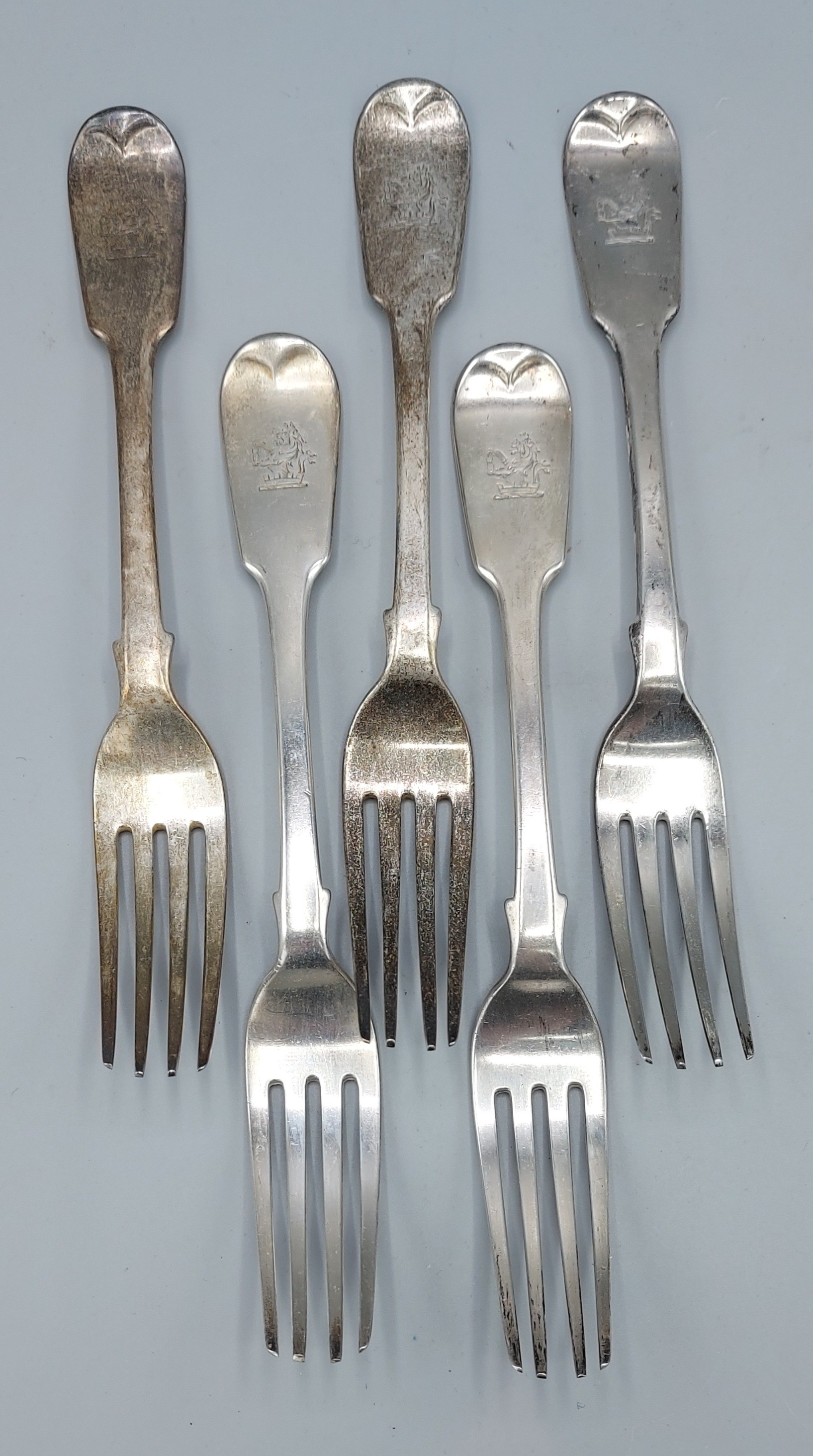 A set of five Victorian silver table forks by George Adams, London 1845, 12ozs