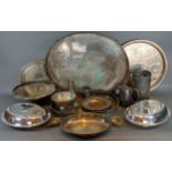 A silver plated galleried tray together with a collection of silver plated items