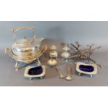Two silver mustard spoons together with a small collection of silver plated items to include a