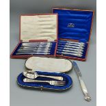 A Victorian silver christening pair in fitted case together with a silver bladed and M.O.P.