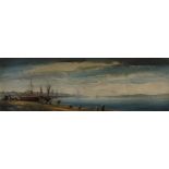 Edward Elliott, coastal scene with figures on a beach with shipping, signed, 91cms x 30cms