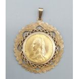 A Victorian full gold Sovereign dated 1891 within 9ct gold pendant mount, 11.3gms inclusive
