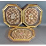 A set of three 19th Century woolwork samplers within octagonal gilded frames, 31.5cms x 38.5cms