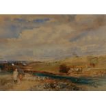 Attributed to David Cox Junior, shepherd and flock before a river, watercolour, unsigned, 20cms x