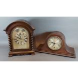 A Circa 1930's oak cased dome shaped mantle clock with three train movement, 36cms tall together