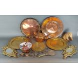 A pair of small brass wall mirrors together with various copper ware and a collection of metal model
