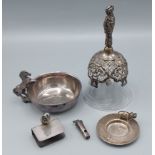 A London silver mounted and glass hand bell together with a 925 silver pin tray, a Victorian