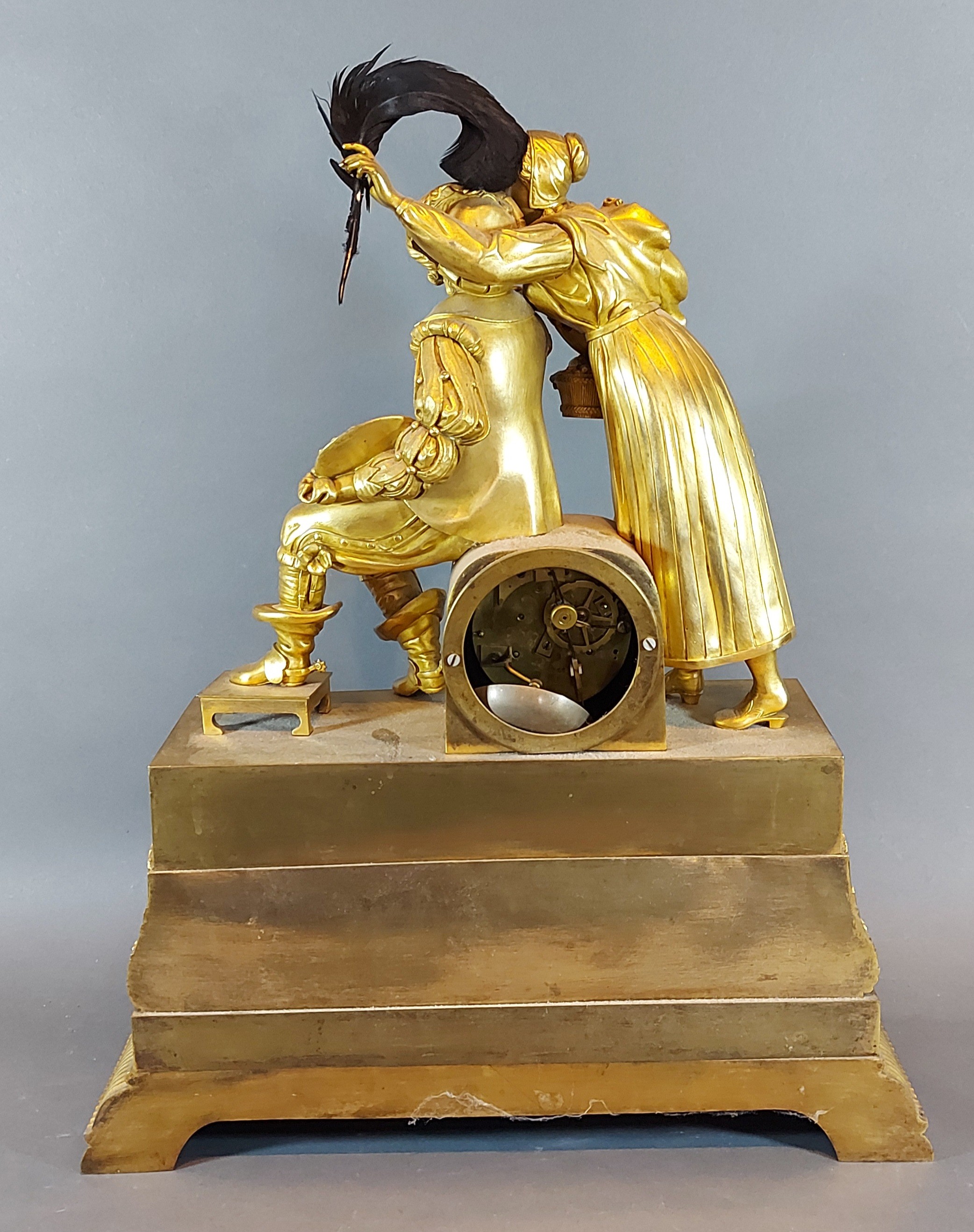 A 19th Century French Ormolu mantle clock with two figures, 'The Artists', the silvered dial with - Image 2 of 2