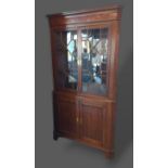 A 19th Century oak and mahogany standing corner cabinet with a moulded cornice above two astragal