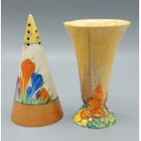 A Clarice Cliff crocus pattern conical sugar sifter, 14cms tall together with a Clarice Cliff