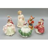 A Royal Doulton figurine Bridesmaid together with five other Royal Doulton figurines, Sara, Sunday