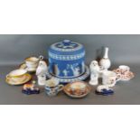 A Wedgwood style blue basalt cheese dome and stand together with other ceramics to include cups