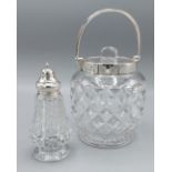 A Birmingham silver and cut glass biscuit barrel by Hukin and Heath together with a silver mounted