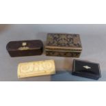 A 19th Century lacquered snuff box together with a similar bone snuff box and two other boxes