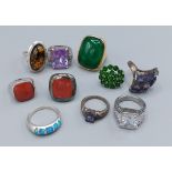 A collection of ten mainly silver dress rings to include Cornelian set