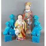 A Chinese porcelain polychrome decorated figure, 47cms tall together with another similar figure and