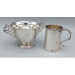A London silver two handled bowl together with a London silver mug, 10ozs