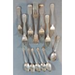 A set of three George III silver forks, Exeter 1813 together with a pair of London silver forks, two