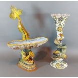 A Majolica flared rim vase, 35cms tall together with another similar Majolica comport in the form of