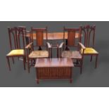 A pair of Art Nouveau side chairs together with a pair of oak armchairs, a small oak coffer and a