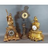 A 19th Century French gilded Spelter mantle clock together with two other similar Spelter mantle