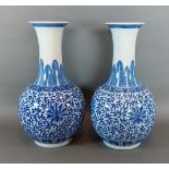 A pair of Chinese underglaze blue decorated porcelain bottle neck vases, 35cms tall