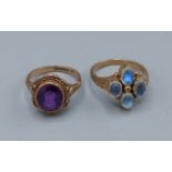 A 9ct gold dress ring set four moonstone together with a 9ct gold ring set Amethyst