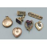 A pearl set locket of heart form together with two other lockets, three brooches and a fob seal