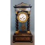 A 19th Century French ebonised and brass inlaid Portico clock, the enamel dial with Roman numerals