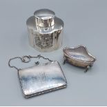 A Chester silver tea caddy together with a Chester silver purse and a Birmingham silver jewellery