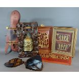 A Chinese bronze altar bell within pierced hardwood stand together with three gilded plaques and