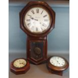 An Ansonia mahogany cased drop dial wall clock together with a circular cased wall clock and another
