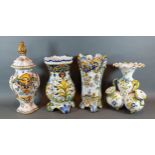 A French Faience covered vase, 36cms tall together with three Faience vases