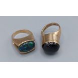 A 9ct gold dress ring set Opal together with another similar 9ct gold cabochon set dress ring, 14.