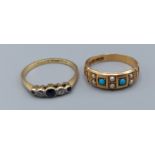 An 18ct gold ring set three sapphire and two diamond together with an 18ct gold seed pearl and